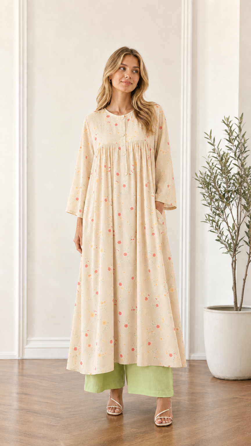 Front view of woman wearing beige floral pleated maxi dress