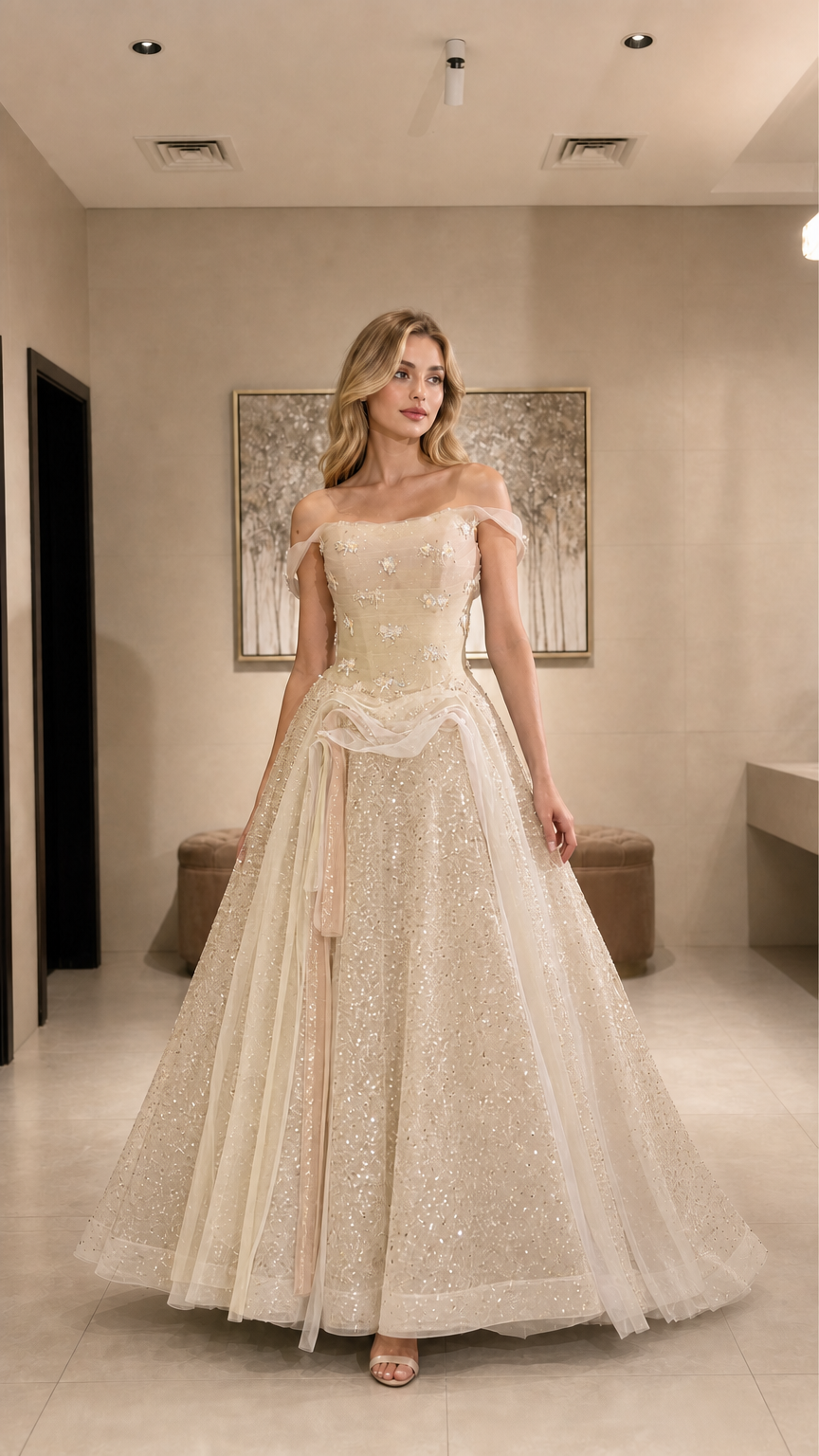Model wearing champagne gold glitter tulle ball gown with off-the-shoulder straps