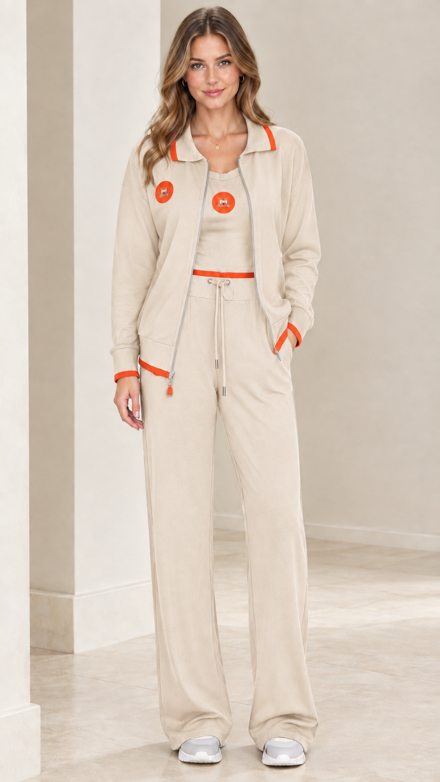Full front view of beige taupe 3-piece tracksuit set with orange accents