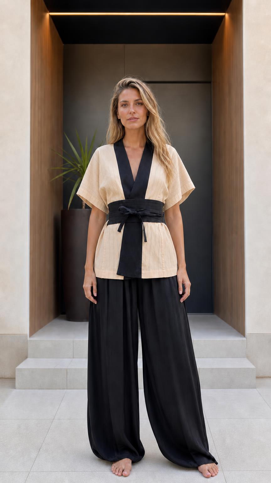 Front view of woman wearing beige kimono top and black wide-leg pants set variant