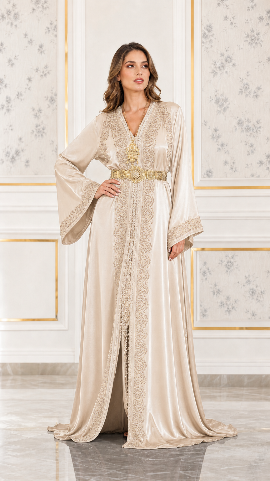Full front view of champagne beige satin kaftan gown with intricate embroidery