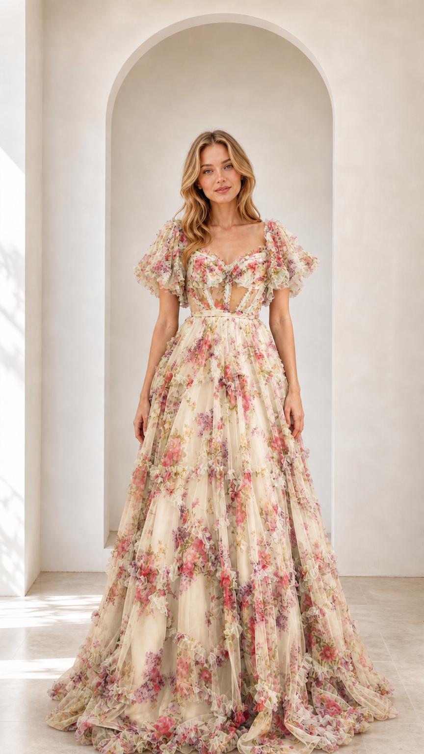 Full-length front view of champagne cream floral ruffled tulle ball gown
