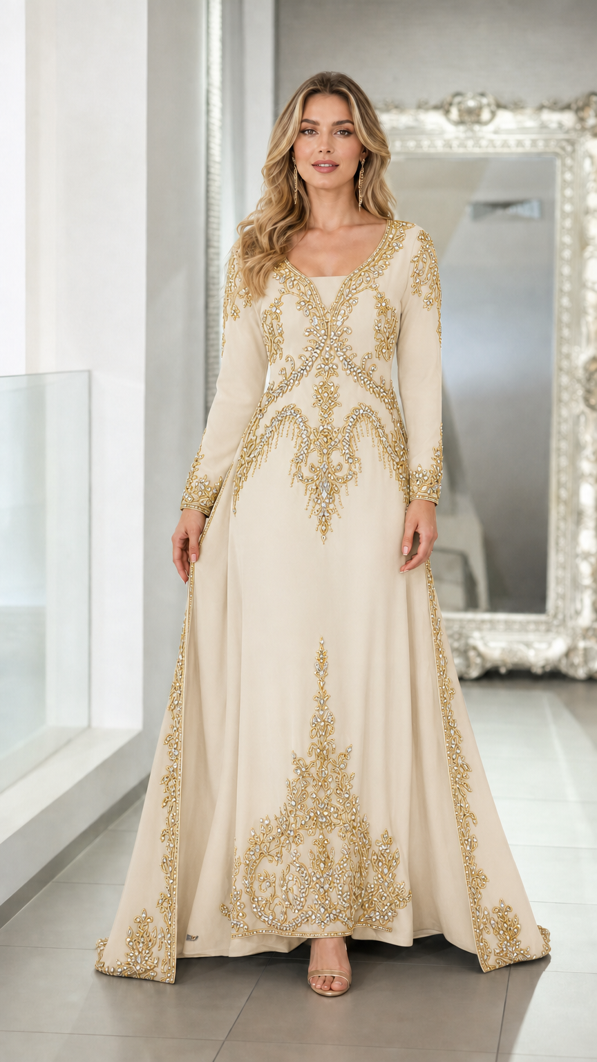 Champagne cream long sleeve embroidered evening caftan dress