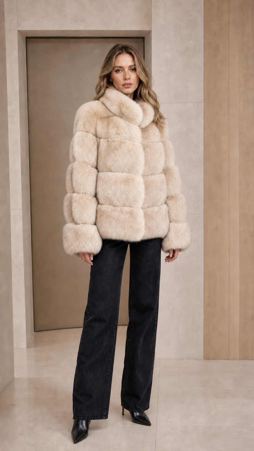 Model wearing cream off-white paneled faux fur plush coat