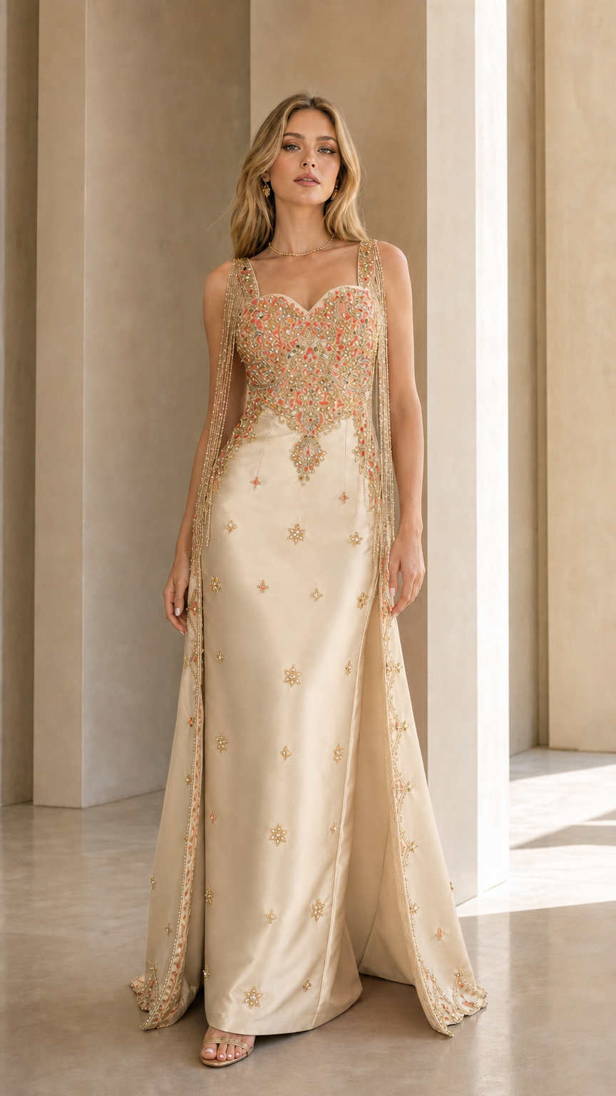Champagne variant of the embellished evening gown