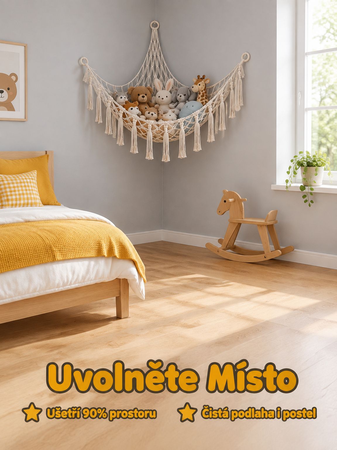 Pletená síťová houpací síť na plyšové hračky