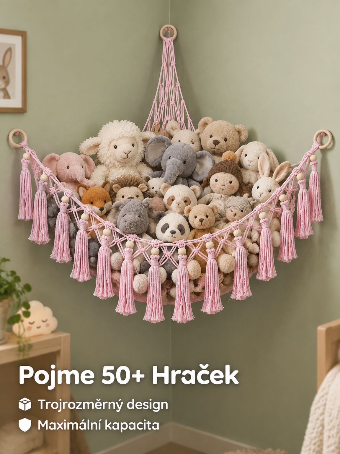 Pletená síťová houpací síť na plyšové hračky