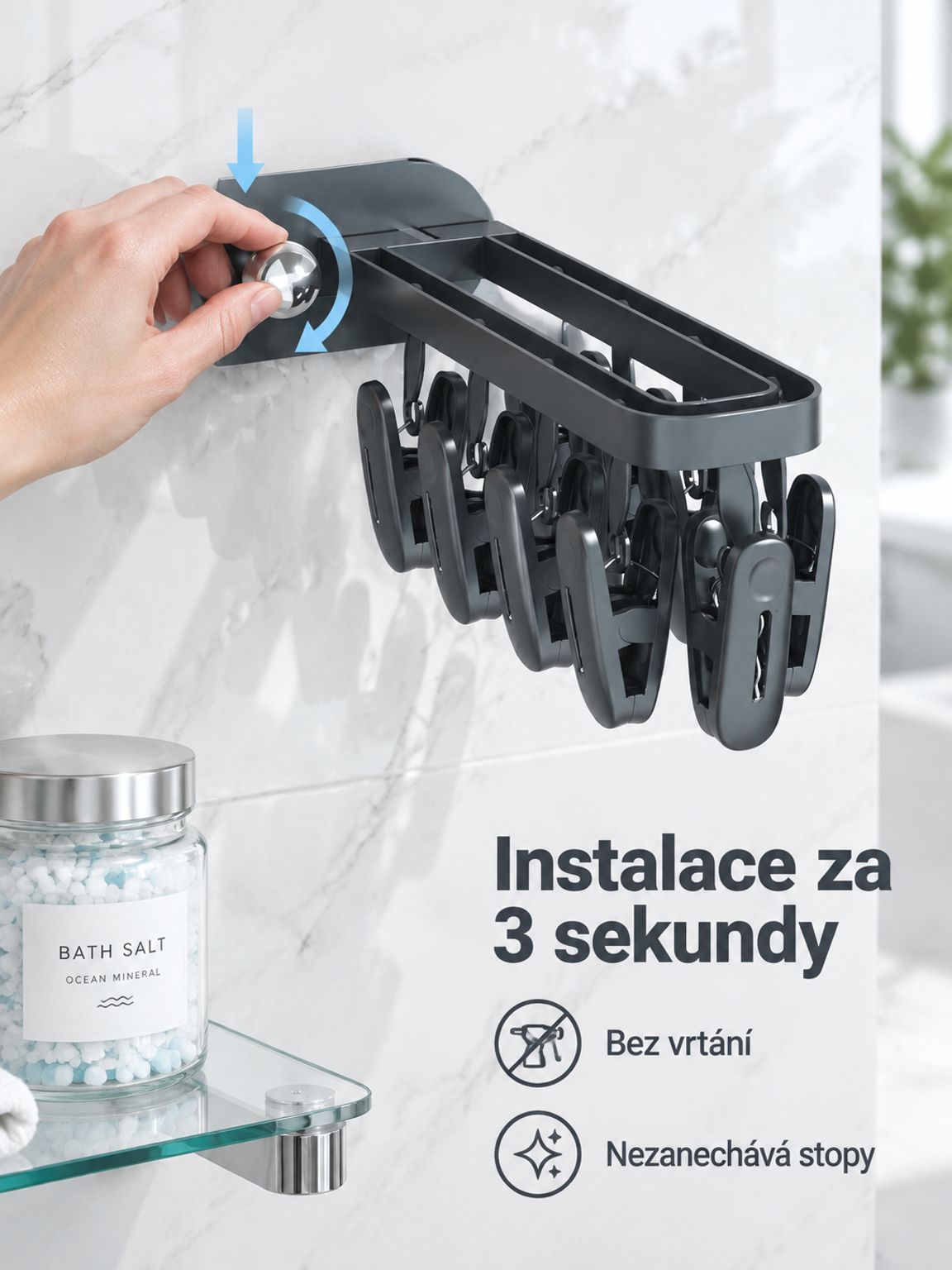 Skládací věšák na oblečení s přísavkou na skleněné okno