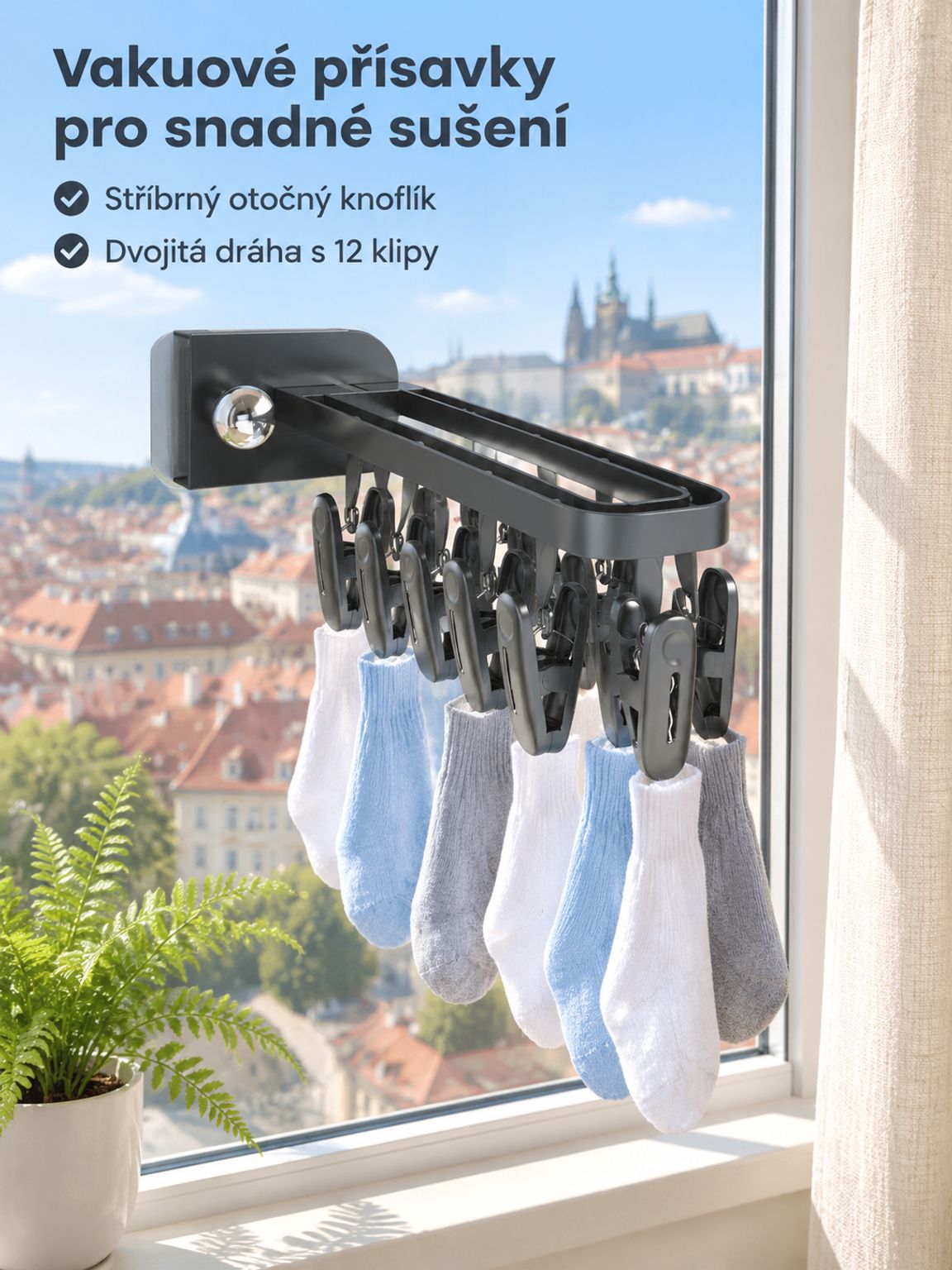 Skládací věšák na oblečení s přísavkou na skleněné okno