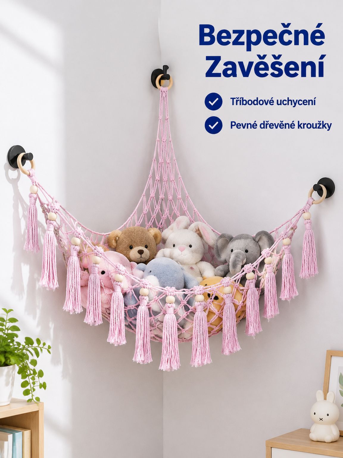 Pletená síťová houpací síť na plyšové hračky