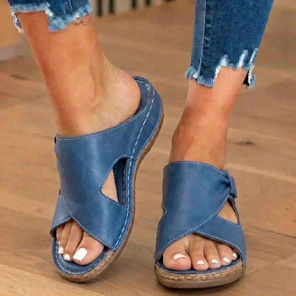 Orthopedic leather cross strap sandals - Blue