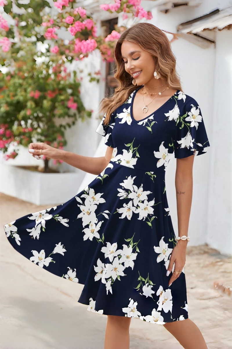 Womens Summer Dress Casual Swing Floral Ruffle Short Sleeve Sundresses Beach Mini A-Line Shift Dress