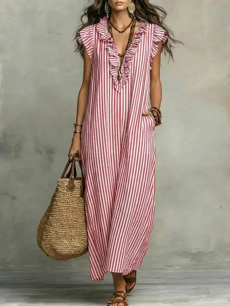 Women's Striped Art Print Casual Ruffled Stylish Cotton Linen Dress
