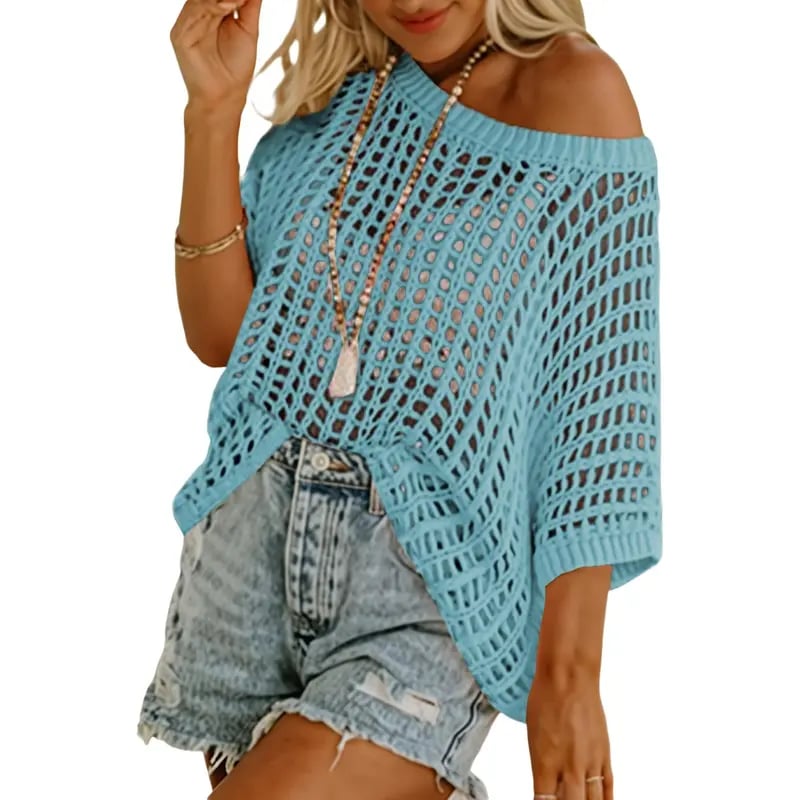 Short Sleeve Crochet Sweater Lightweight Summer Tops Loose Hollow Out Crewneck Pullover