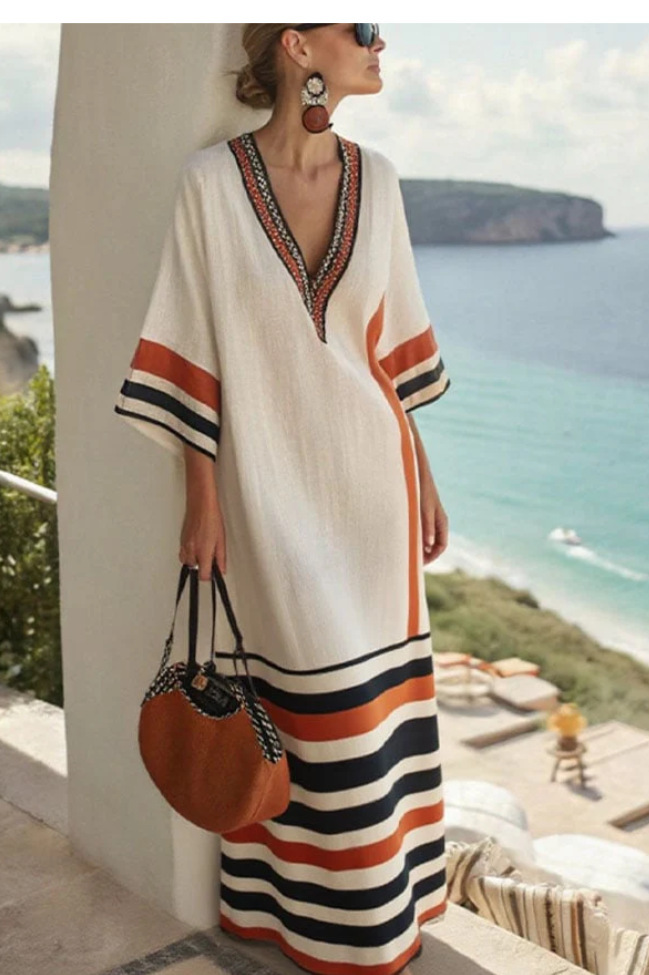 Digital-print V-neck, three-quarter-sleeve, long-patch-pocket kaftan dress