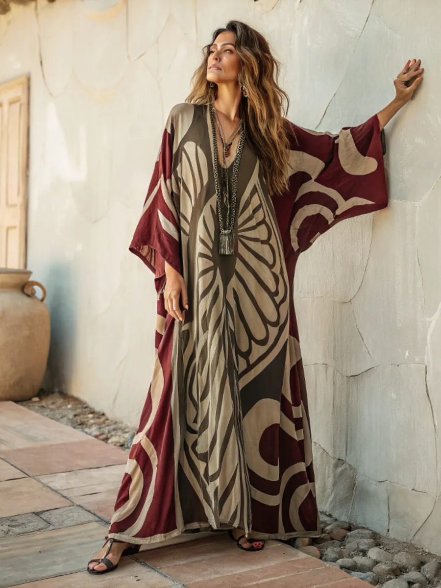 Digital-print V-neck, three-quarter-sleeve, long-patch-pocket kaftan dress