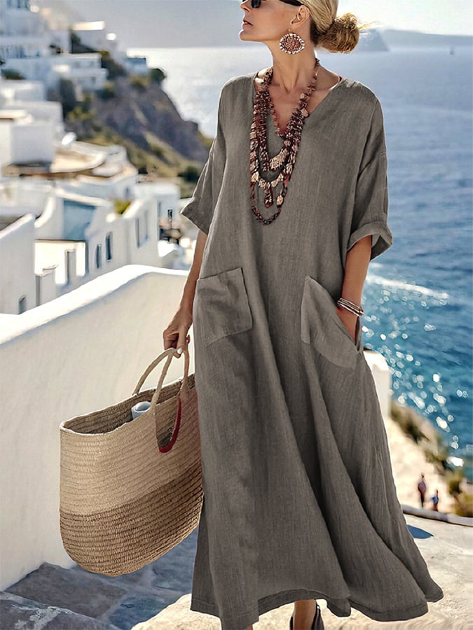Digital-print V-neck, three-quarter-sleeve, long-patch-pocket kaftan dress