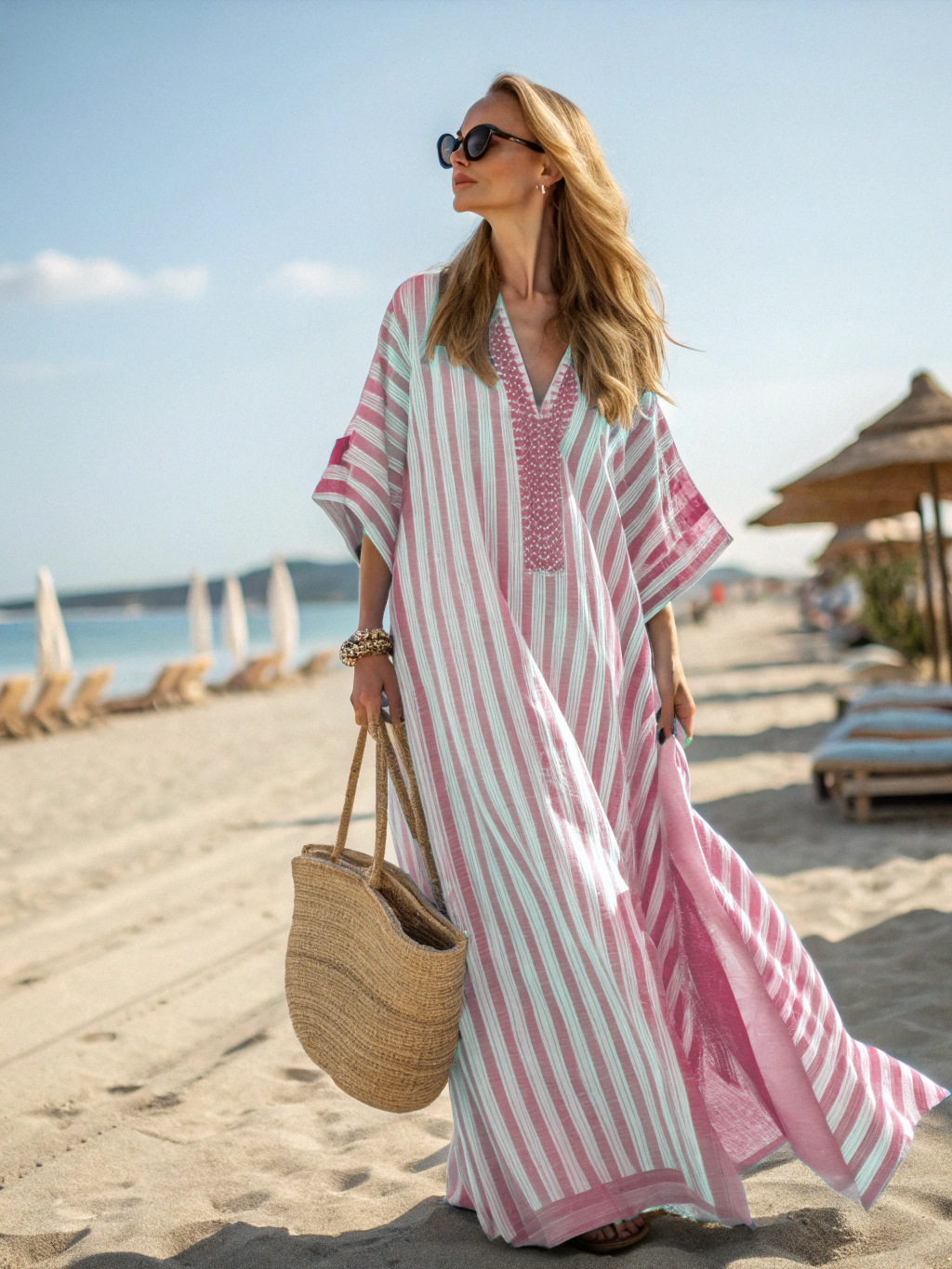 Digital-print V-neck, three-quarter-sleeve, long-patch-pocket kaftan dress