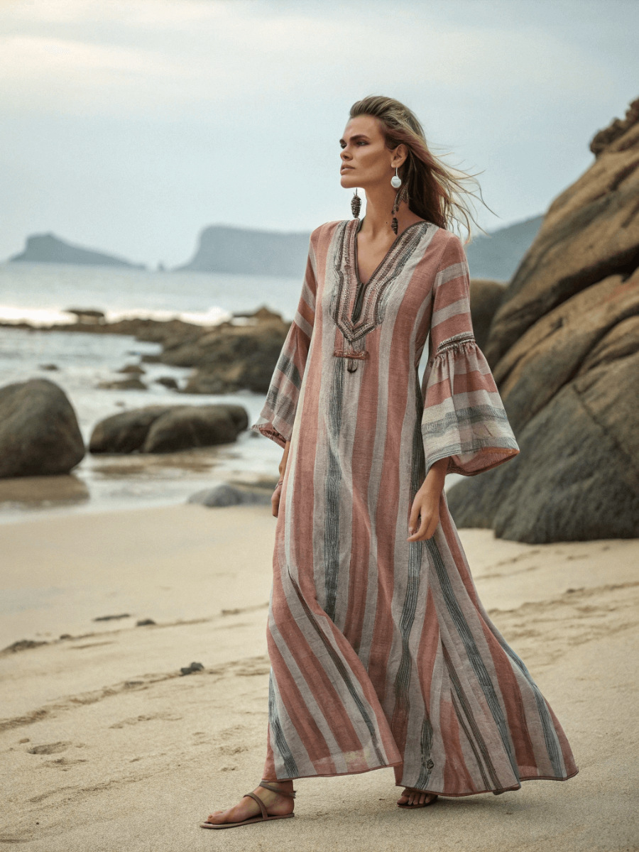 Digital-print V-neck, three-quarter-sleeve, long-patch-pocket kaftan dress