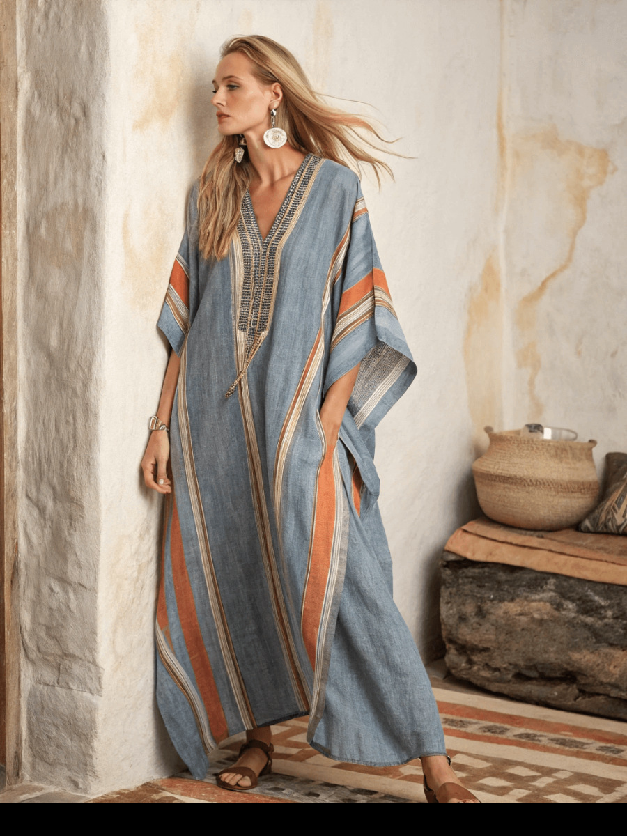 Digital-print V-neck, three-quarter-sleeve, long-patch-pocket kaftan dress