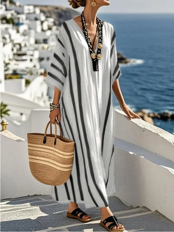 Digital-print V-neck, three-quarter-sleeve, long-patch-pocket kaftan dress
