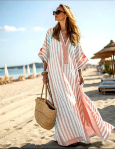 Digital-print V-neck, three-quarter-sleeve, long-patch-pocket kaftan dress