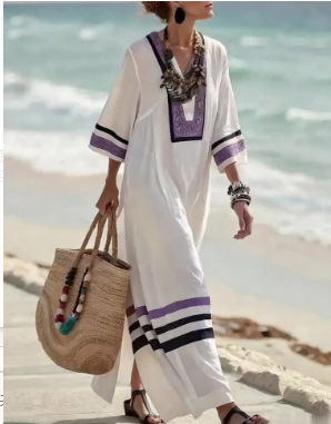 Digital-print V-neck, three-quarter-sleeve, long-patch-pocket kaftan dress