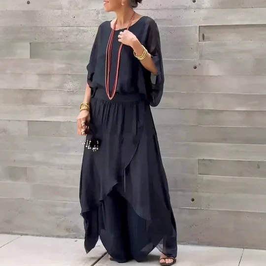 Loose Top & Slit Wide-Leg Pants Chiffon 2-Piece Set