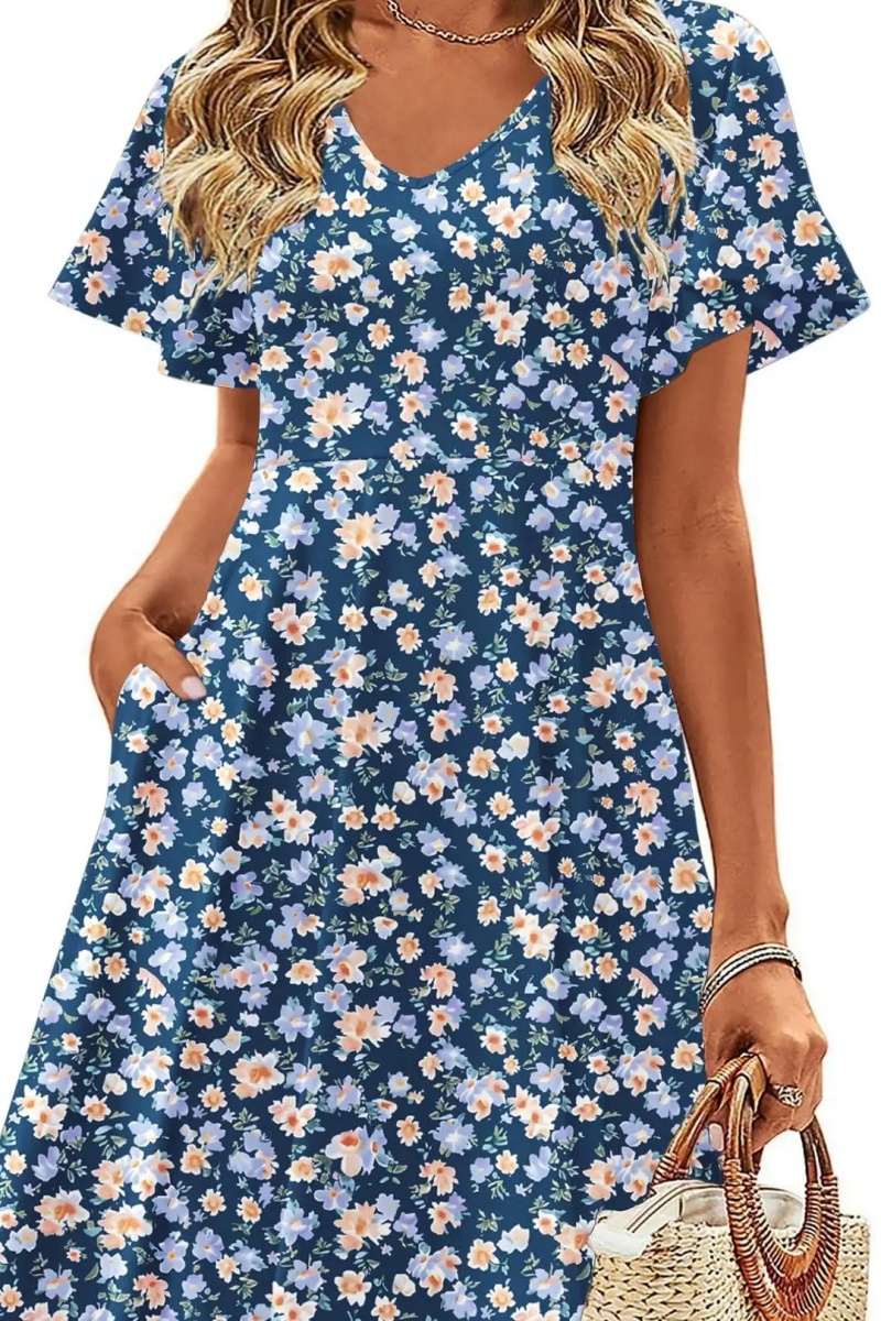 Womens Summer Dress Casual Swing Floral Ruffle Short Sleeve Sundresses Beach Mini A-Line Shift Dress