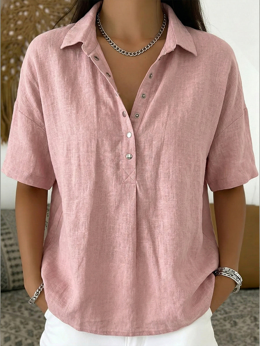 Kurzärmeliges Poloshirt aus Baumwolle und Leinen – Lässiges Alltagshemd