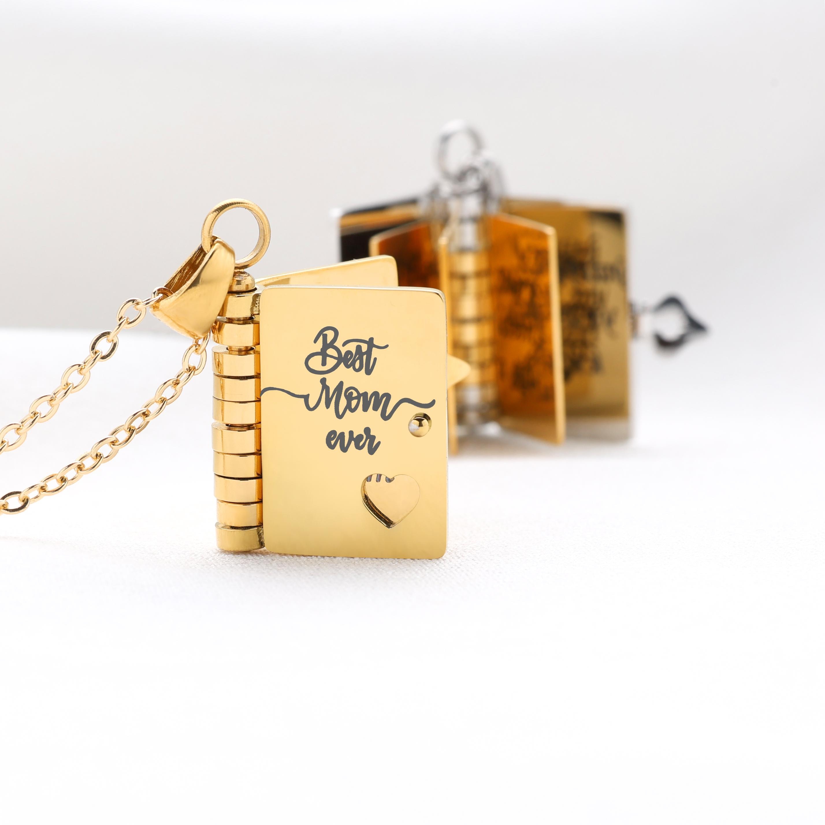 Best Mom Ever Book Necklace – Mini Message Pendant with Heartfelt Words Inside, Adjustable Chain Gift for Mother’s Day or Birthday