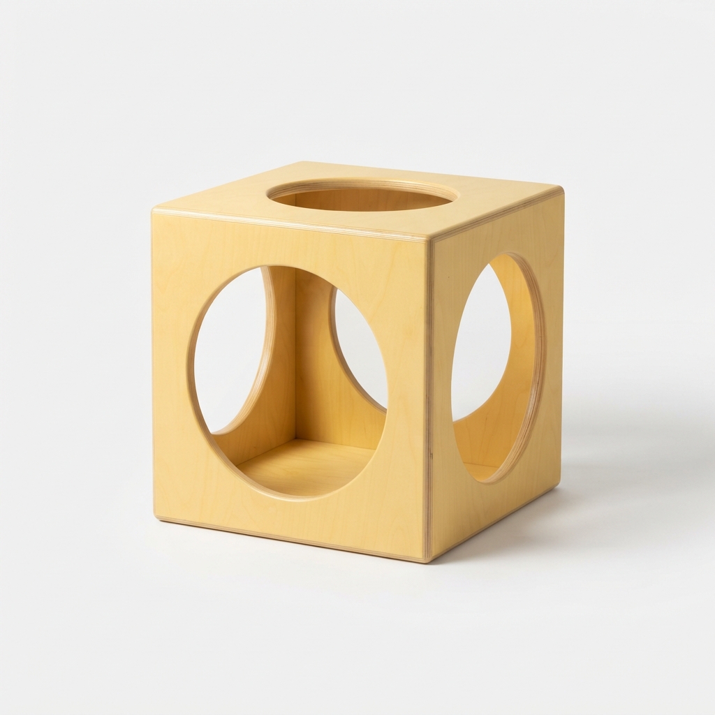 Indoor wooden climbing cube on off-white background