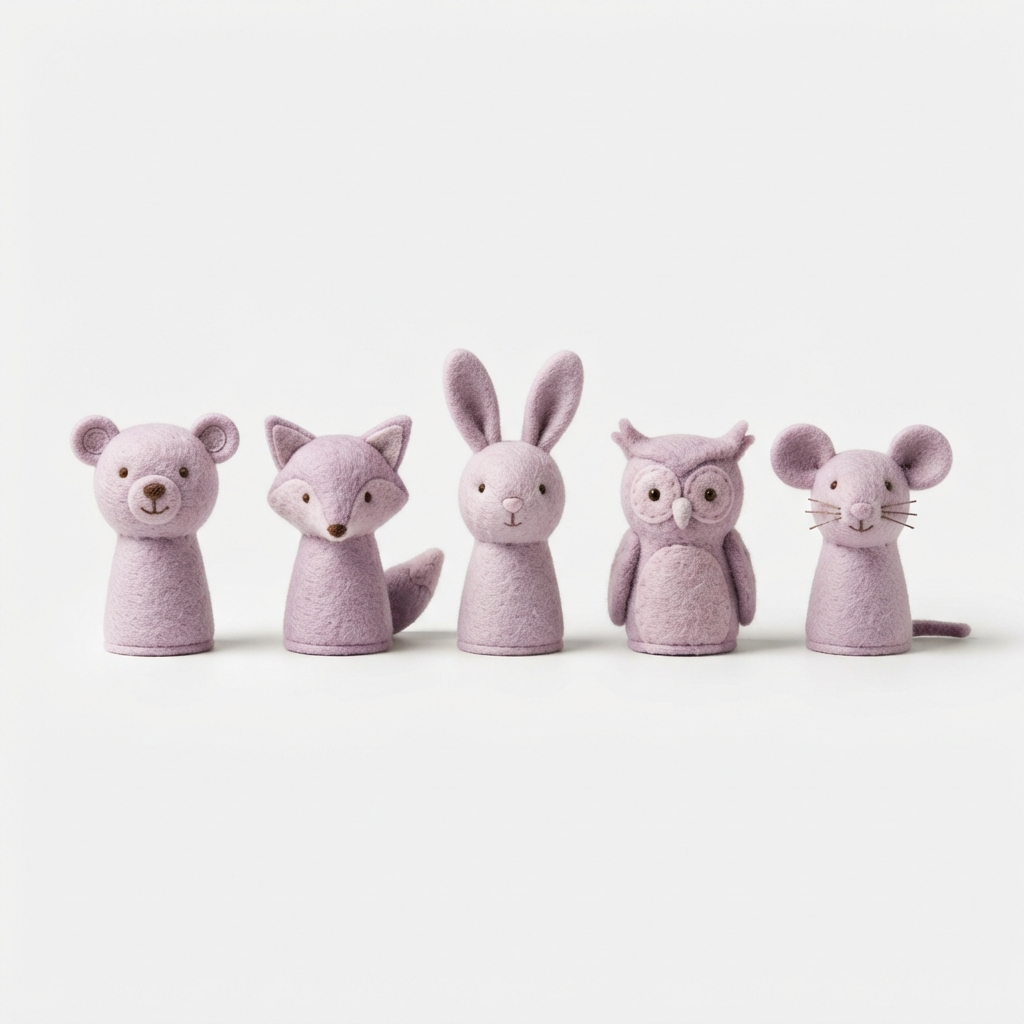 Set of storytime finger puppets on off-white background