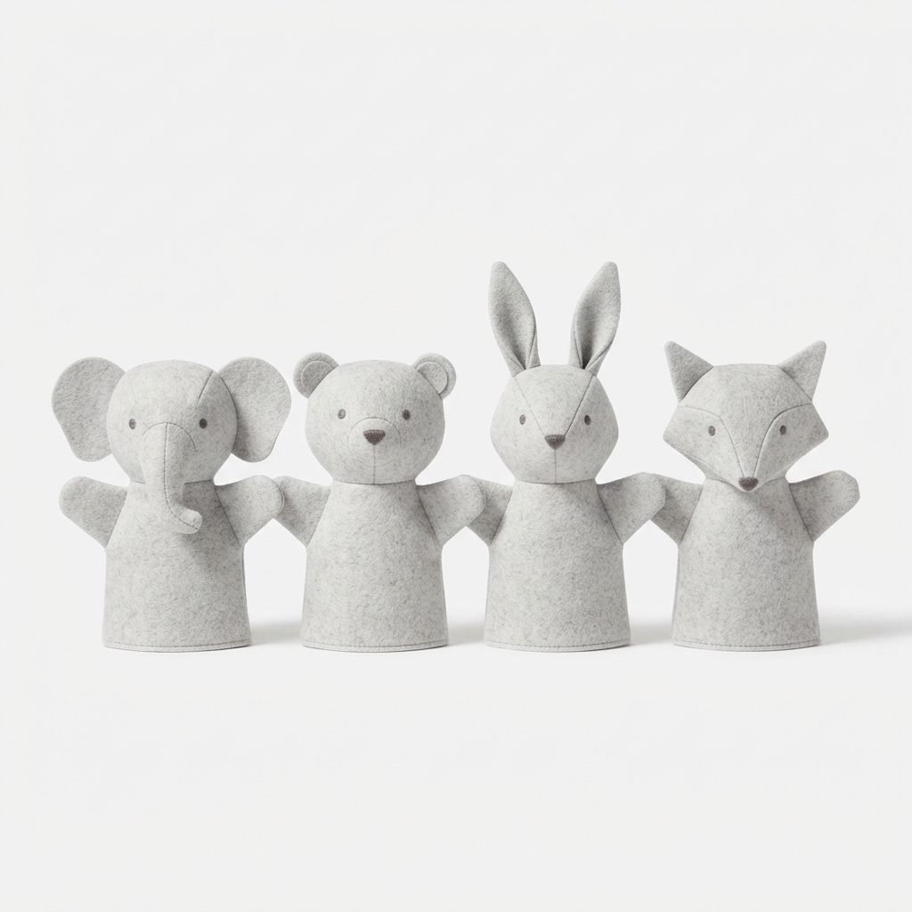 Set of soft animal hand puppets on off-white background
