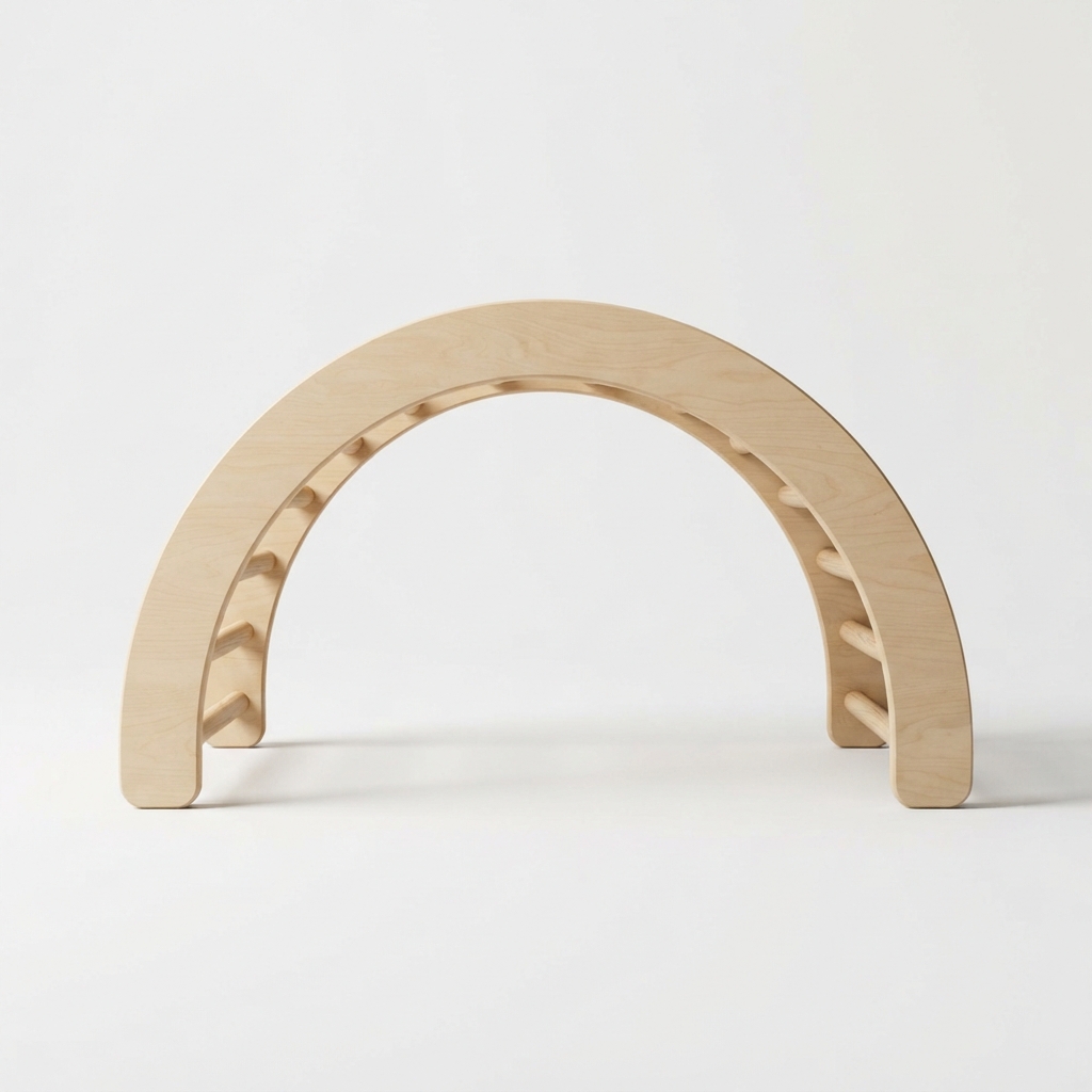 Indoor wooden climbing arch for toddlers on off-white background