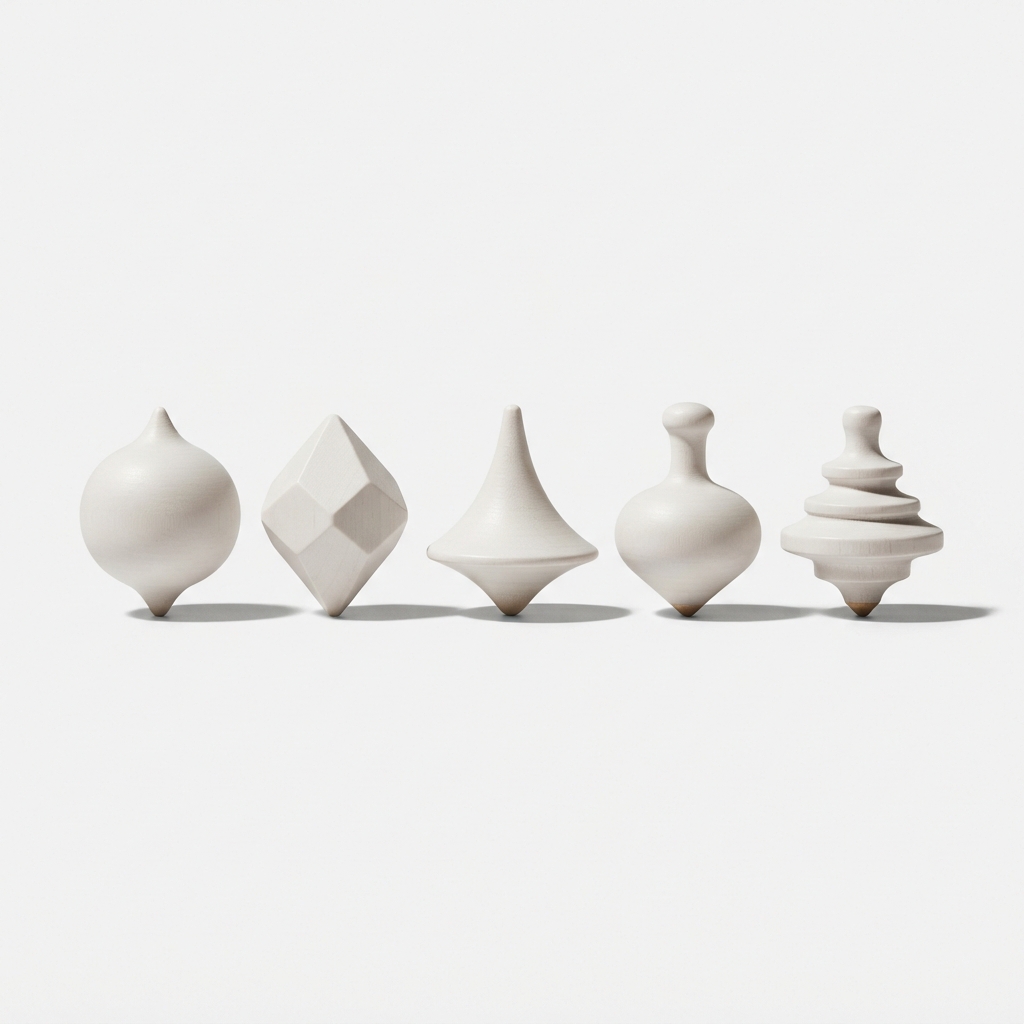 Minimalist wooden spinning tops on off-white background