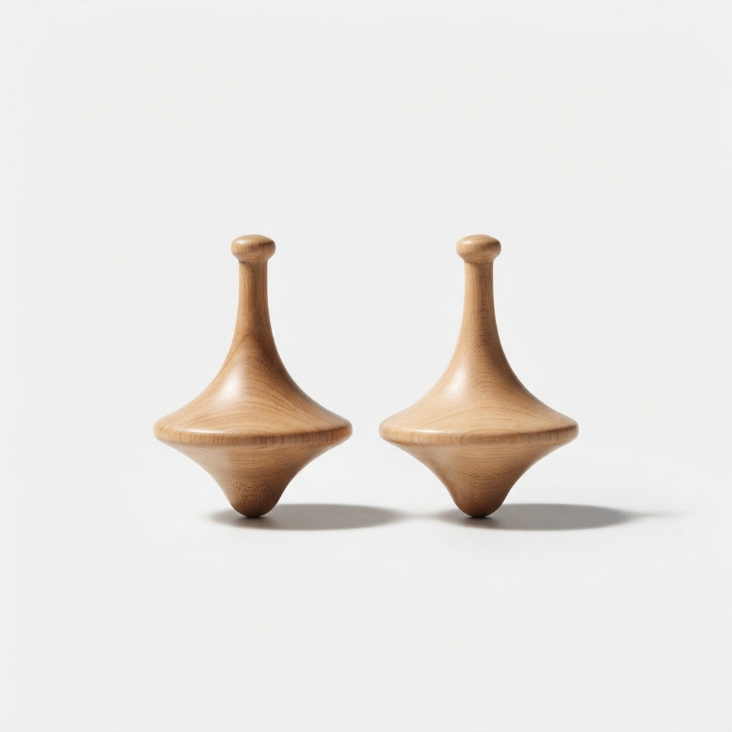 Wooden spinning top duo on off-white background