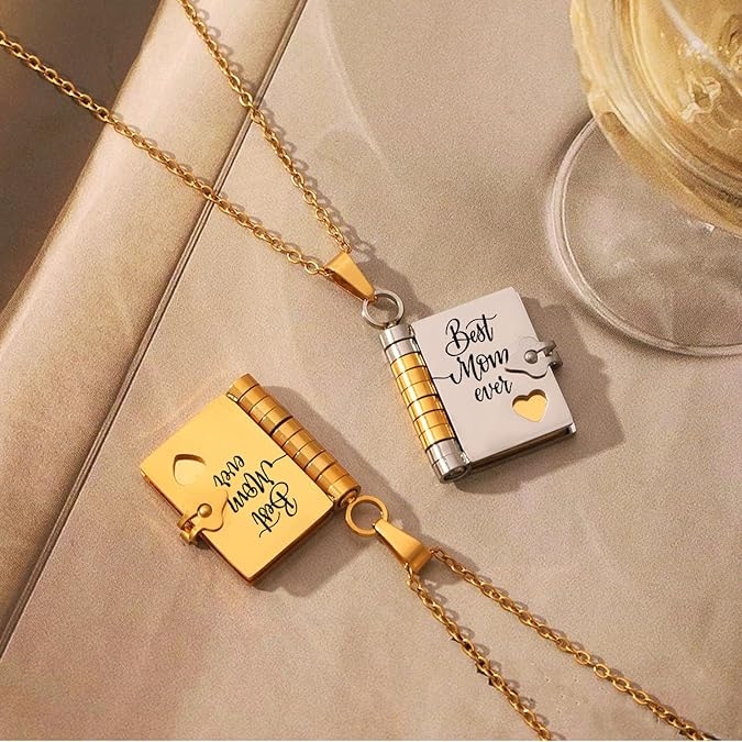 Best Mom Ever Book Necklace – Mini Message Pendant with Heartfelt Words Inside, Adjustable Chain Gift for Mother’s Day or Birthday
