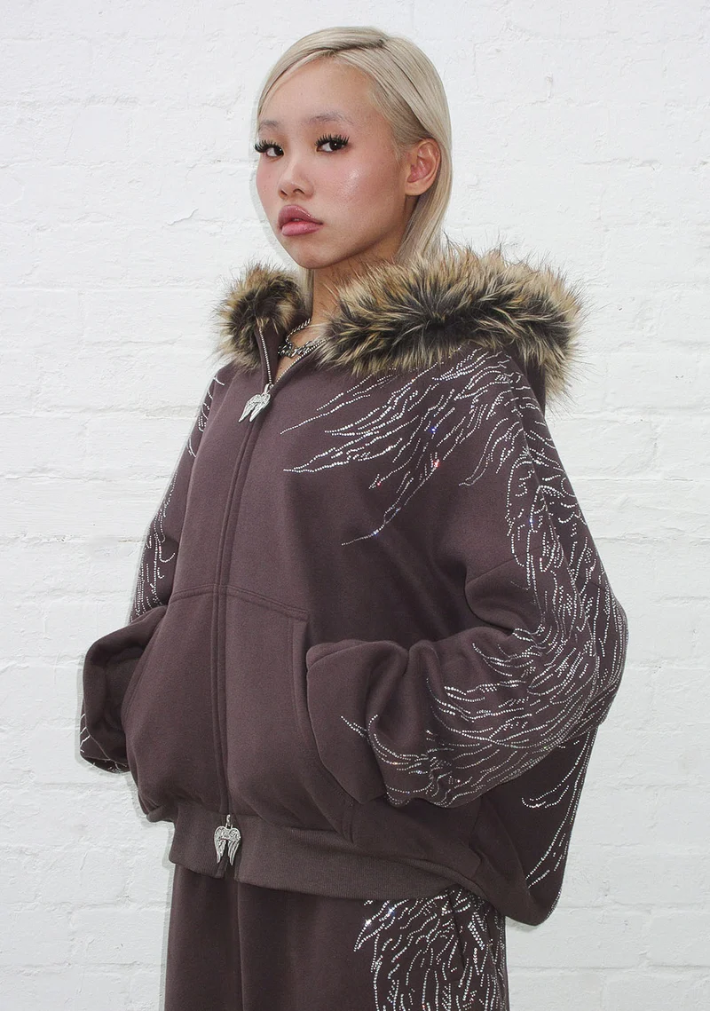 FALLEN FAUX FUR RHINESTONE SET BROWN (DETACHABLE FUR)