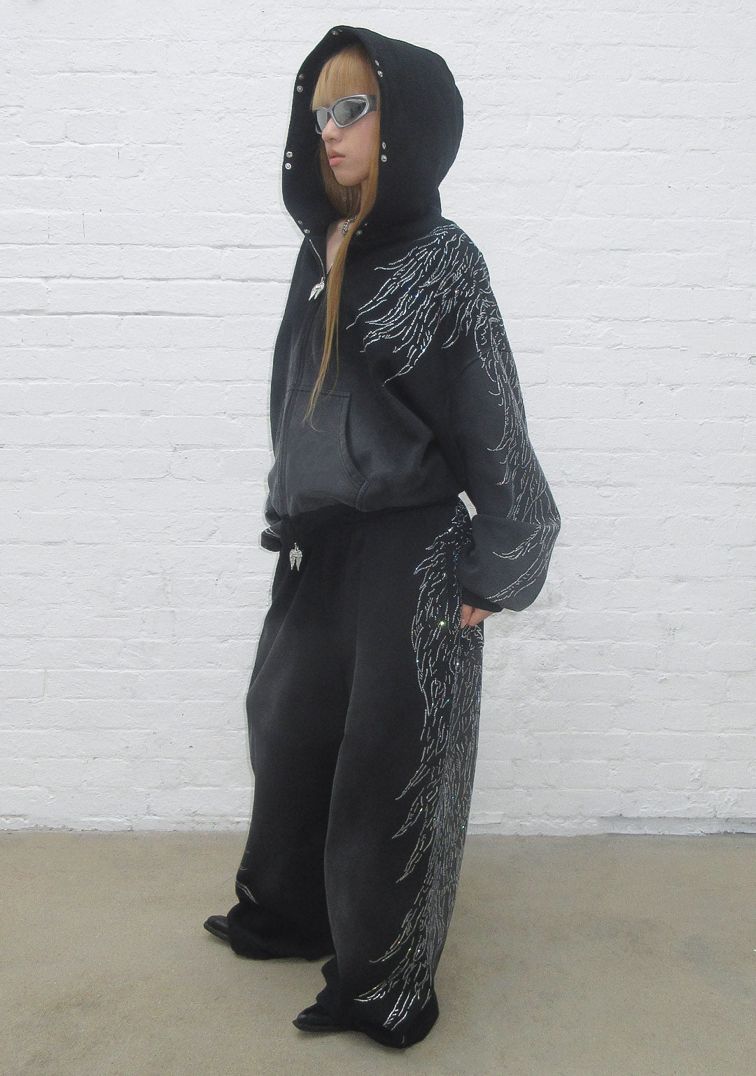 FALLEN FAUX FUR RHINESTONE SET WASHED BLACK (DETACHABLE FUR)