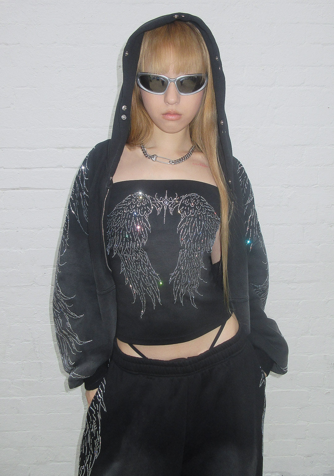 FALLEN FAUX FUR RHINESTONE SET WASHED BLACK (DETACHABLE FUR)