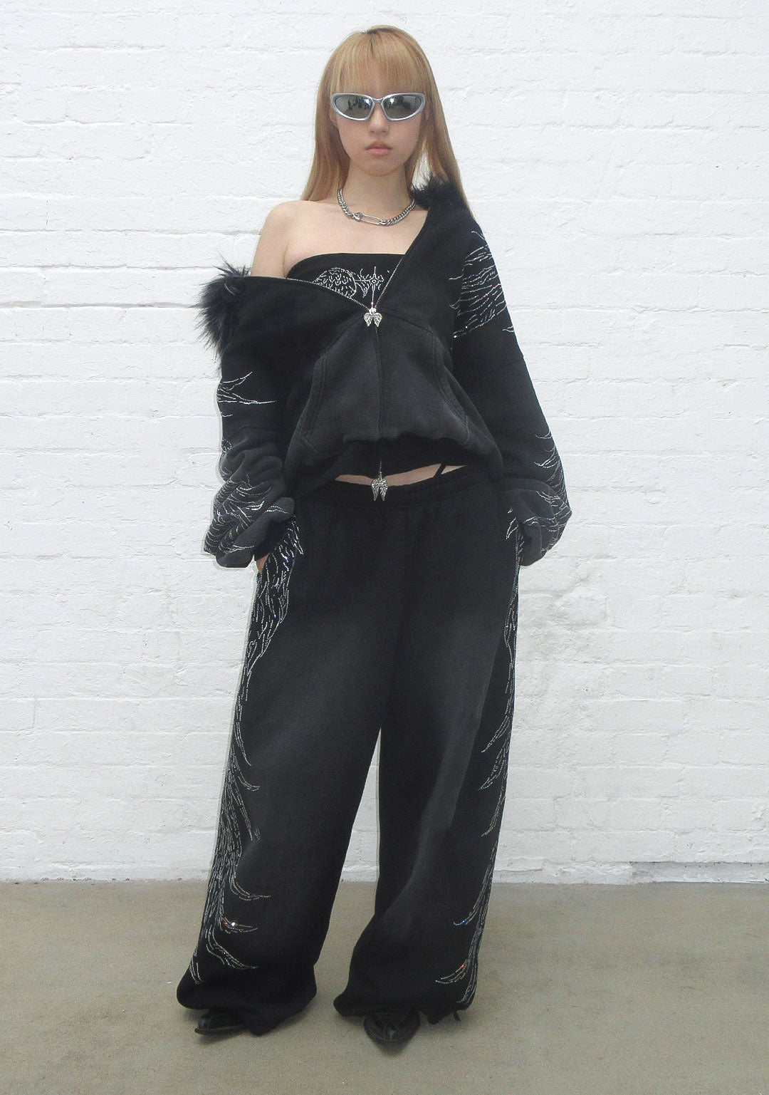 FALLEN FAUX FUR RHINESTONE SET WASHED BLACK (DETACHABLE FUR)