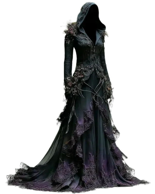 Halloween Gradient Spiderweb Lace Panel Ruffle Hooded Evening Dress 