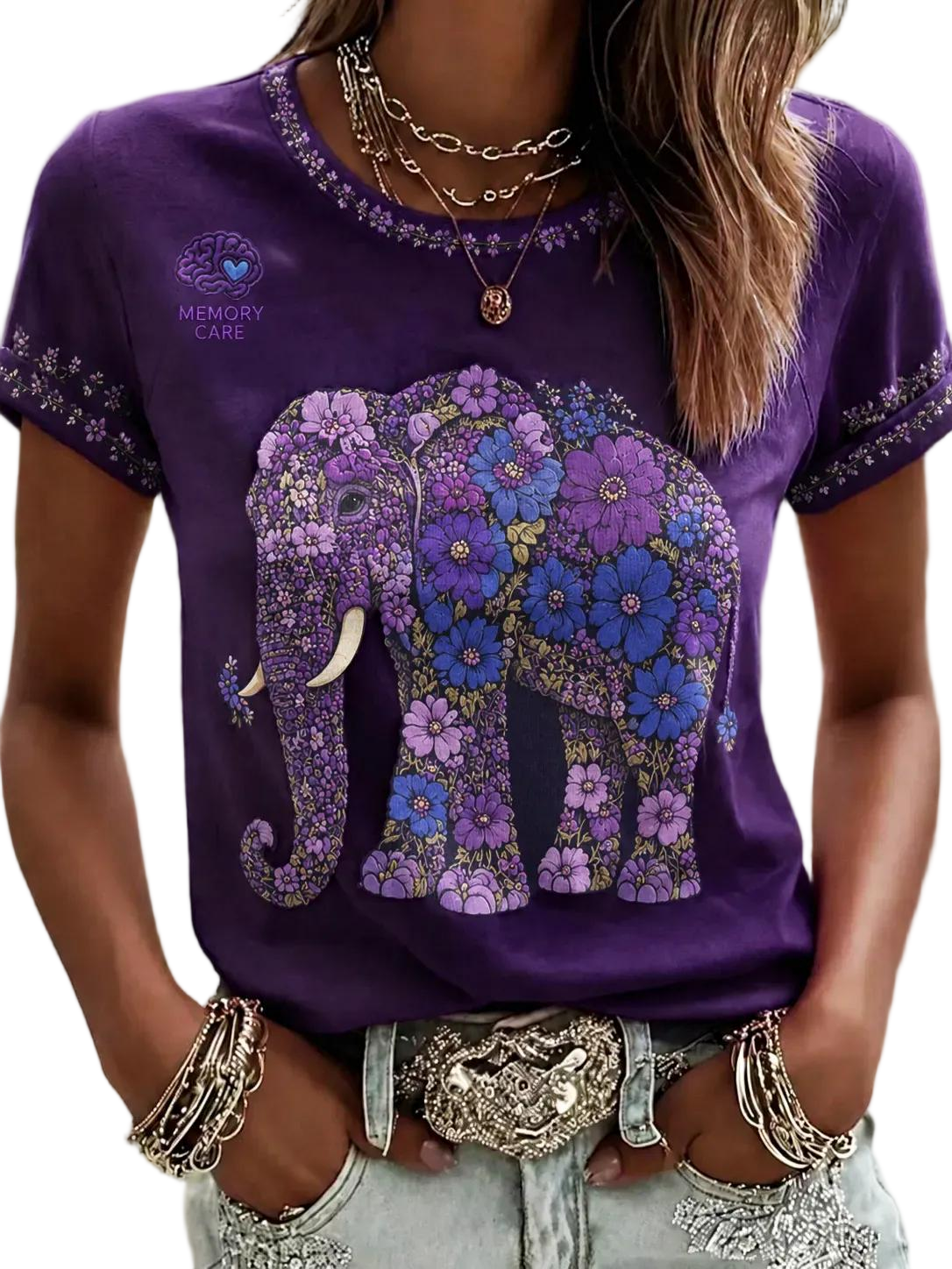 Women's Memory Care Flowers Elephant Art Print Short Sleeve T-shirt