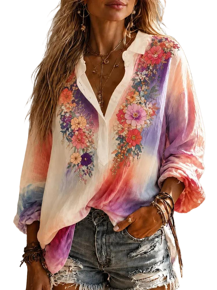 Women's Boho Tie-dye Floral 3d Embroidered V-neck Long-sleeve Blouse
