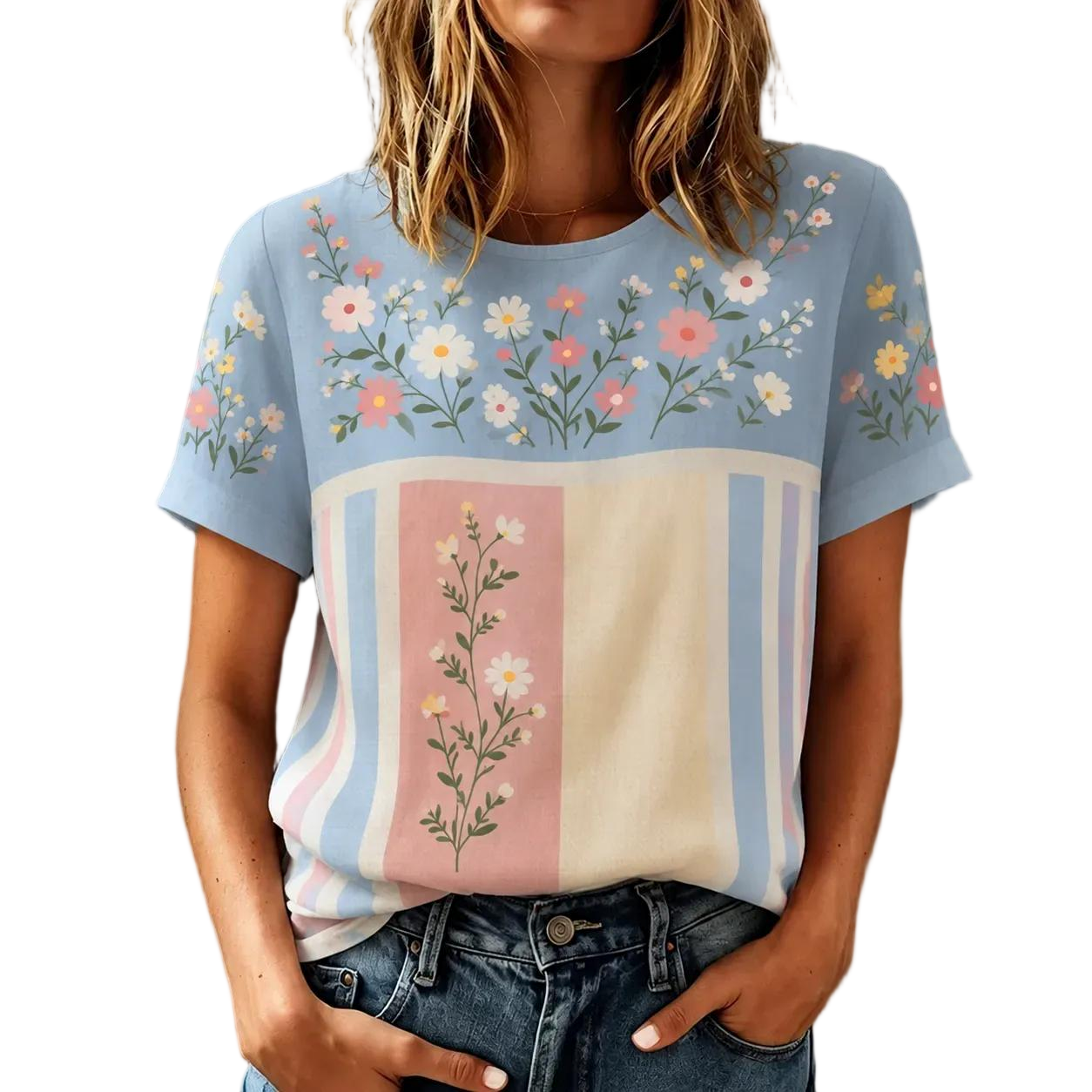 Women's Retro Floral Art Embroidered Patchwork Linen Blend Short Sleeve Top