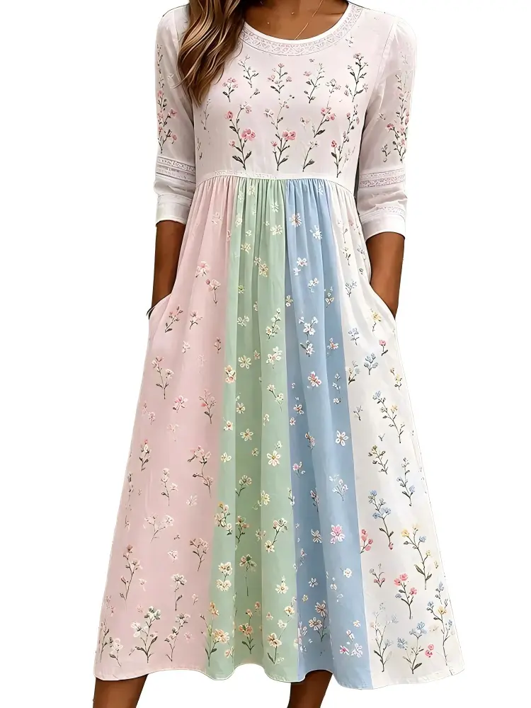 Women's Retro Rose Art Embroidery Color Block Splicing Comfortable Cotton Linen Round Neck Dress