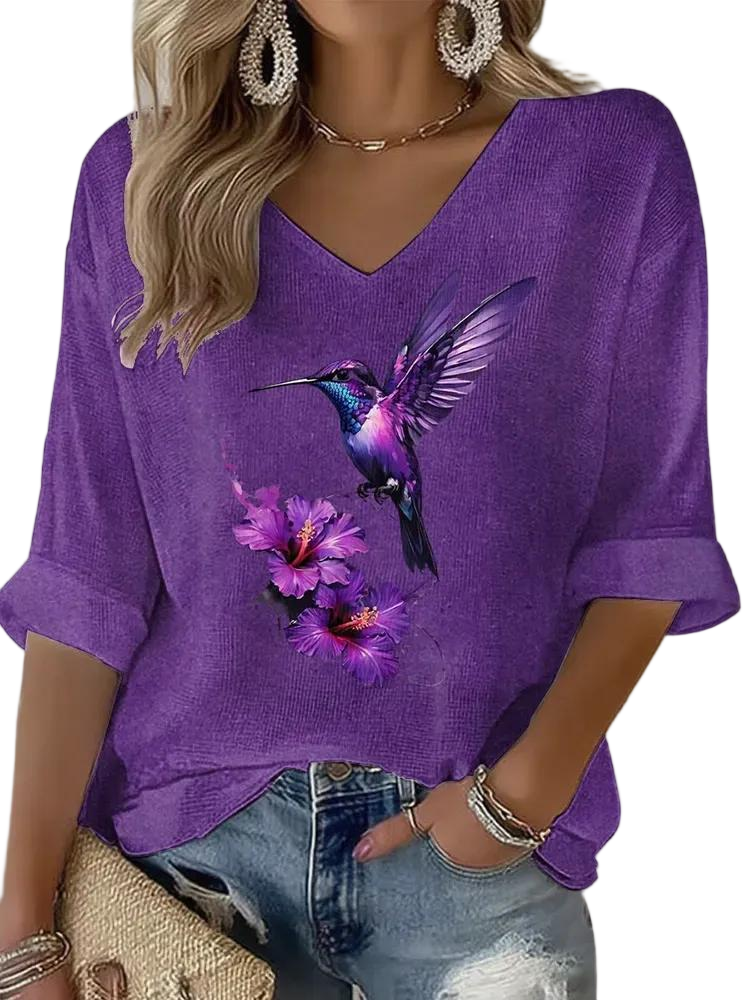 Women's Purple Floral And Hummingbird Embroidery Casual T-shirt