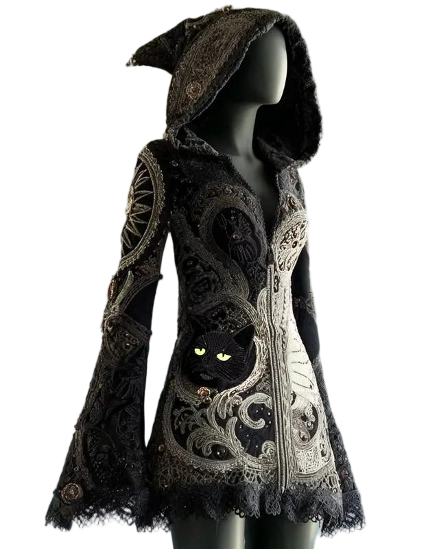 Women's Halloween Black Cat Embroidered Lace Patchwork Hooded Evening Dress