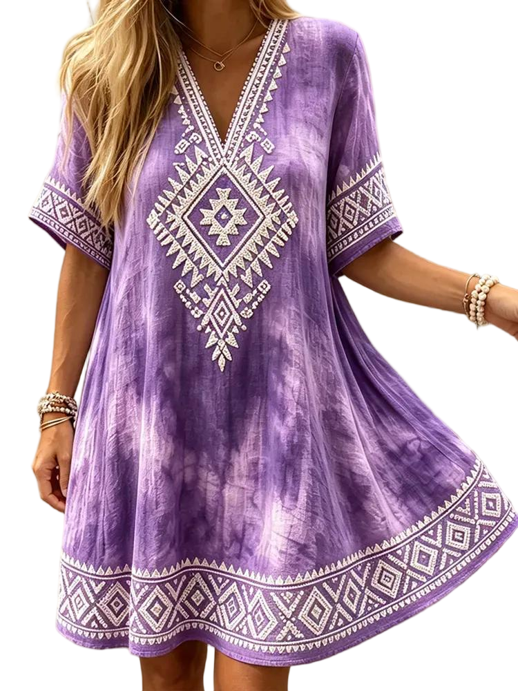 Women's Purple V-neck Short-sleeved Casual Mini Dress, Decorated With Geometric Tribal And Diamond Patterns.